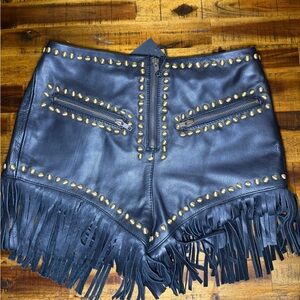 Understated Leather Black Studded Fringe Leather Women’s Shorts